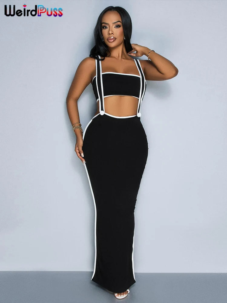 Weird Puss Summer Trend 2-teiliges Set Damen Weißer Saum Trägerloses Oberteil + Trägerkleid Elastische Streetwear-Outfits