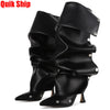 GIGIFOX Kniehohe Stiefel mit Umschlag für Damen Stiletto High Heels Spitz zulaufende Zehenpartie Reißverschluss hinten Verstellbare Schnalle Halbwadenhohe Stiefel