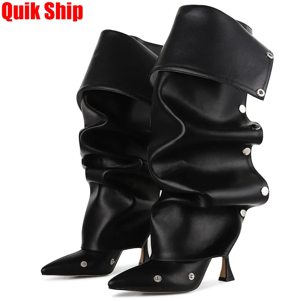 GIGIFOX Kniehohe Stiefel mit Umschlag für Damen Stiletto High Heels Spitz zulaufende Zehenpartie Reißverschluss hinten Verstellbare Schnalle Halbwadenhohe Stiefel