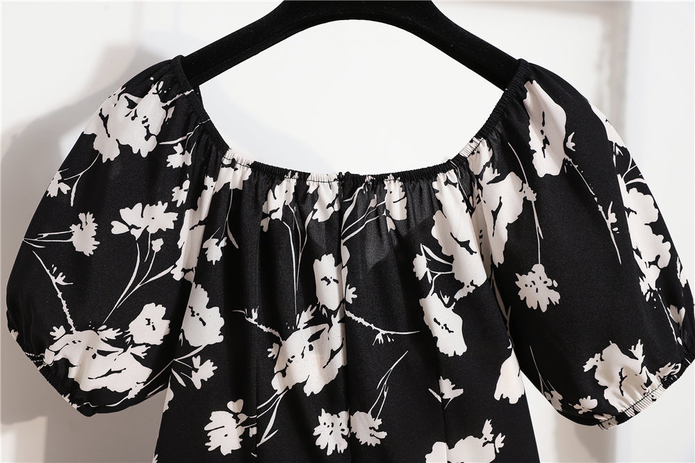 Damen Minikleider Sommer Mode Damenkleider Bedruckte Chiffonkleider mit Blumenmuster, gerafft, plissiert, kurze Puffärmel, Freizeitkleid