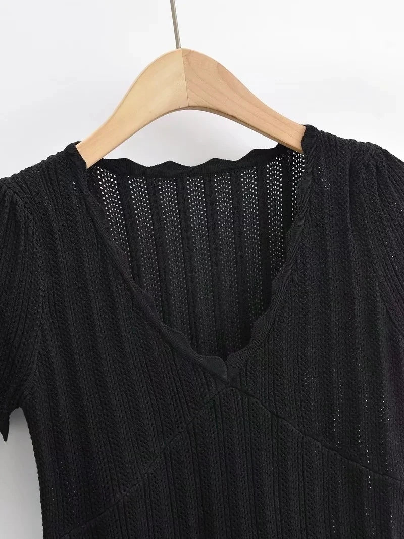 Damen V-Ausschnitt gestricktes Häkel-T-Shirt mit