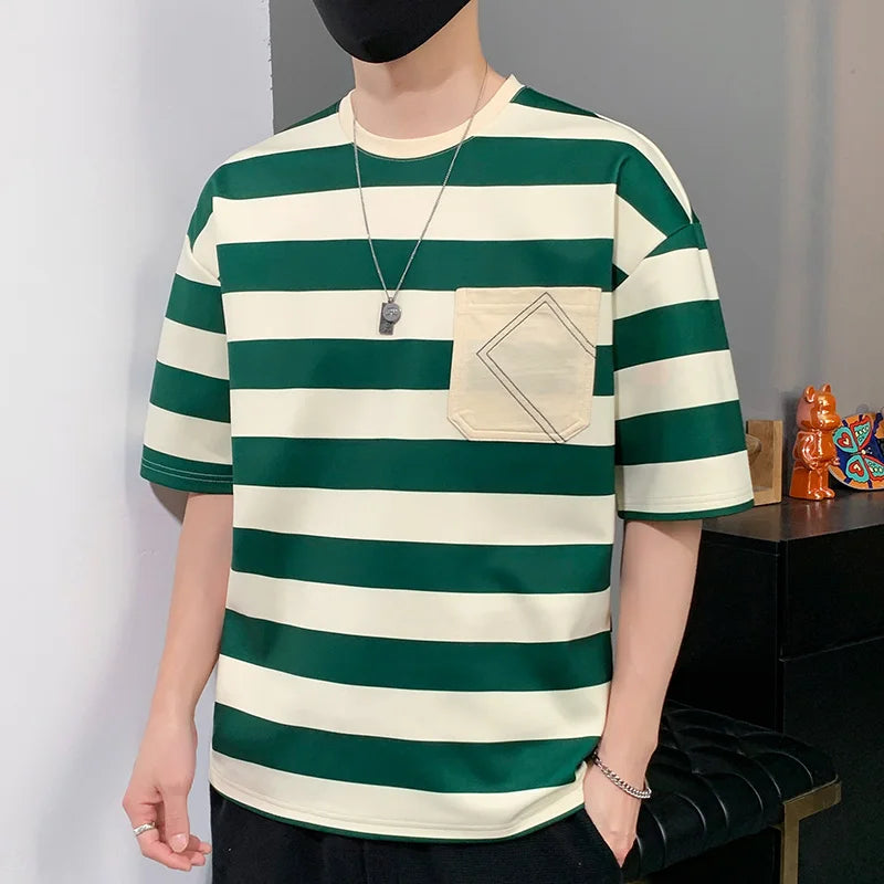 Casual Short Sleeve T Shirt Men'S For 2025 Summer Tshirt Top Tees Striped Brand Fashion HIP HOP Clothes OverSize 3XL T-Shirt