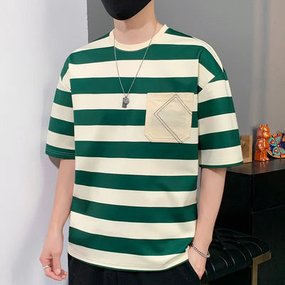Casual Short Sleeve T Shirt Men'S For 2025 Summer Tshirt Top Tees Striped Brand Fashion HIP HOP Clothes OverSize 3XL T-Shirt
