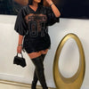 Letter Print T-Shirts Top Women 2025 Spring Summer V-Neck See Through Backless Loose Short Sleeve Y2K Sexy Trend Streetwear Tops