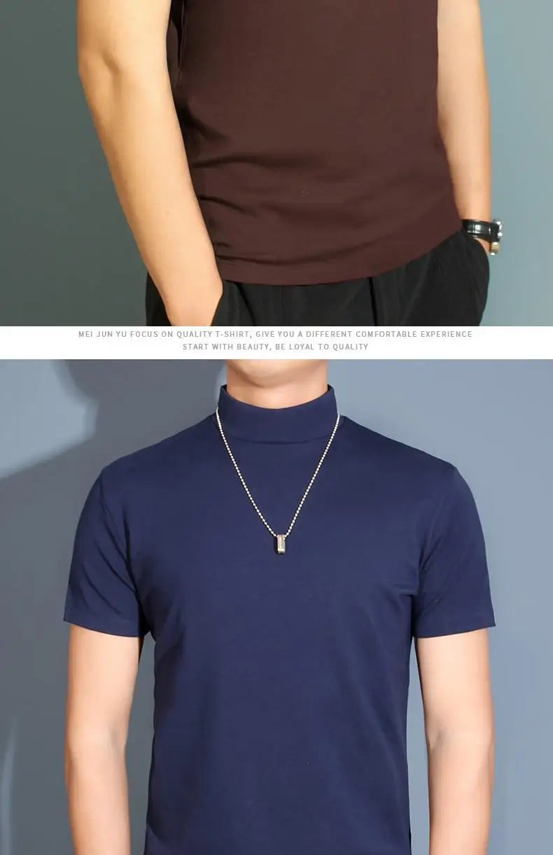 Men's Modal High Neck Short Sleeve T-Shirt Bottoming Shirt Silk Model Golf Wear Luxury Clothing Men's T-Shirt Bottoming Shirt