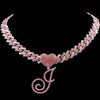 Hip Hop Bling Pink Crystal Cursive Initial Letter Cuban Necklace for Women Iced Out Paved Cuban Chain Necklace Choker Jewelry