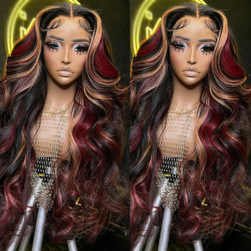 1B/99J/27 Black hair with red blonde Highlight 5x5 Hd Lace Closure Body Wave Wig Human Hair Brazilian Glueless Wig Ready To Wear
