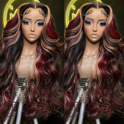 1B/99J/27 Black hair with red blonde Highlight 5x5 Hd Lace Closure Body Wave Wig Human Hair Brazilian Glueless Wig Ready To Wear