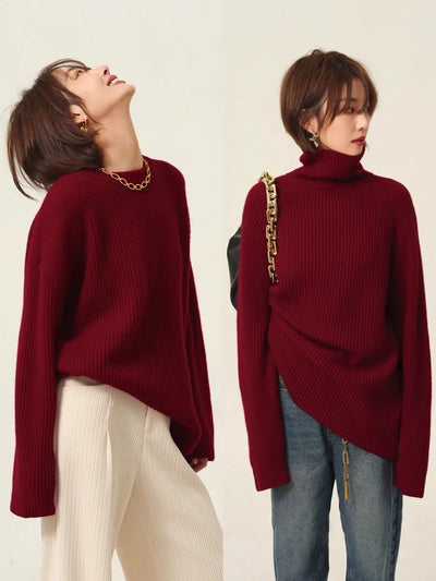 Rollkragenpullover 100% Kaschmir Pullover Damen lose verdickend Anti-Aging Nische Vintage Roter Rundhals-Pullover Damen Langarm