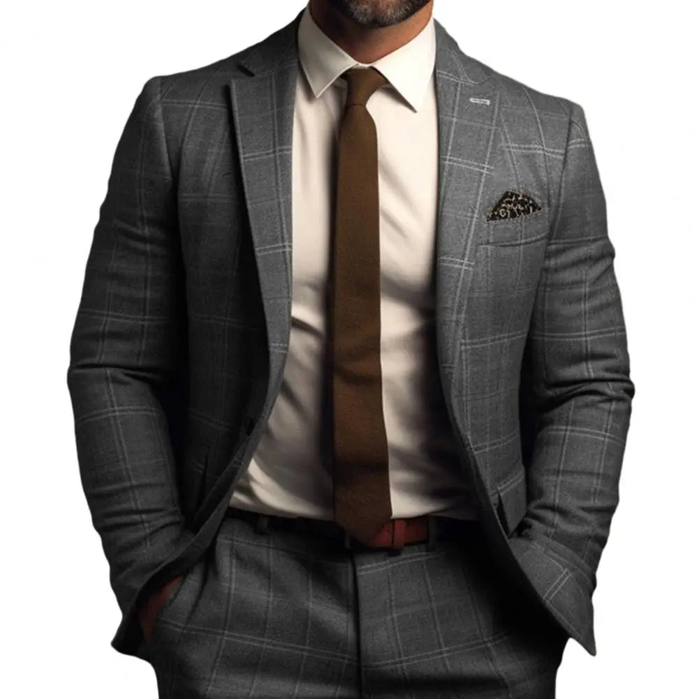 Men Suit Coat Formal Business Style Slim Fit Plaid Print Long Sleeve Single Button Closure Mid Length Straight Cardigan Work Coa