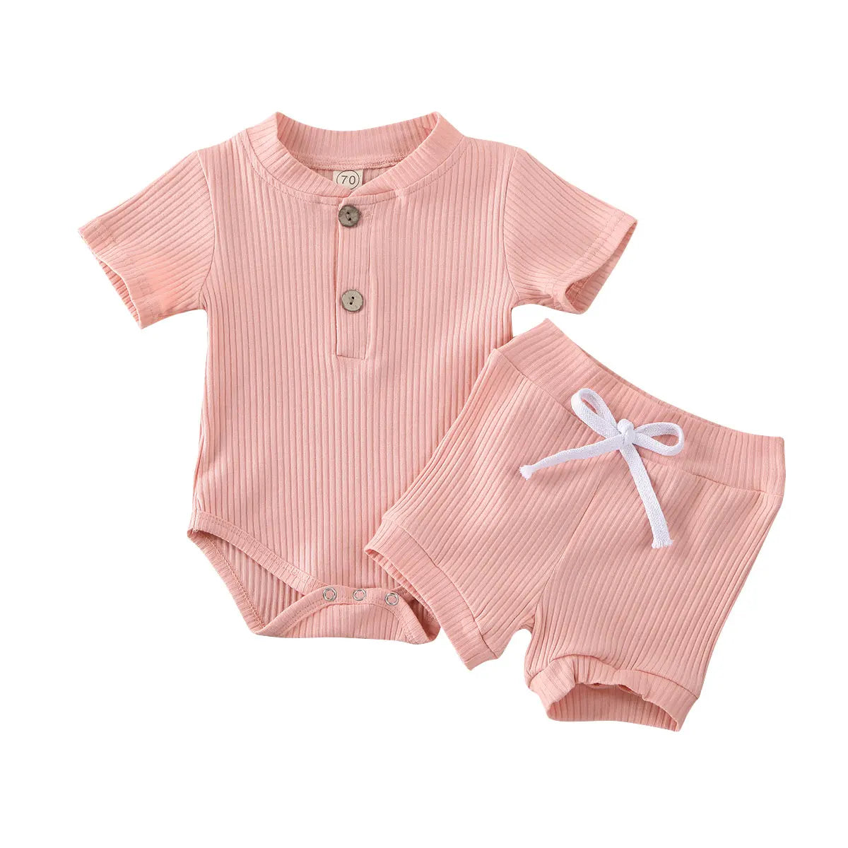 2Pcs Unisex Baby Summer Outfits Suit Solid Color Ribbed Casual Short Sleeves Romper+Elastic Waist Shorts for Toddler Infant