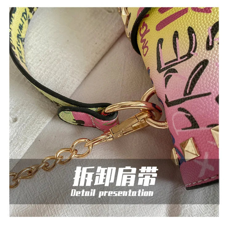 Marke Frauen Nieten Graffiti Umhängetaschen Mode Schultertasche für Damen Weibliche Luxus Designer Handtaschen 2023 Hohe Qualität