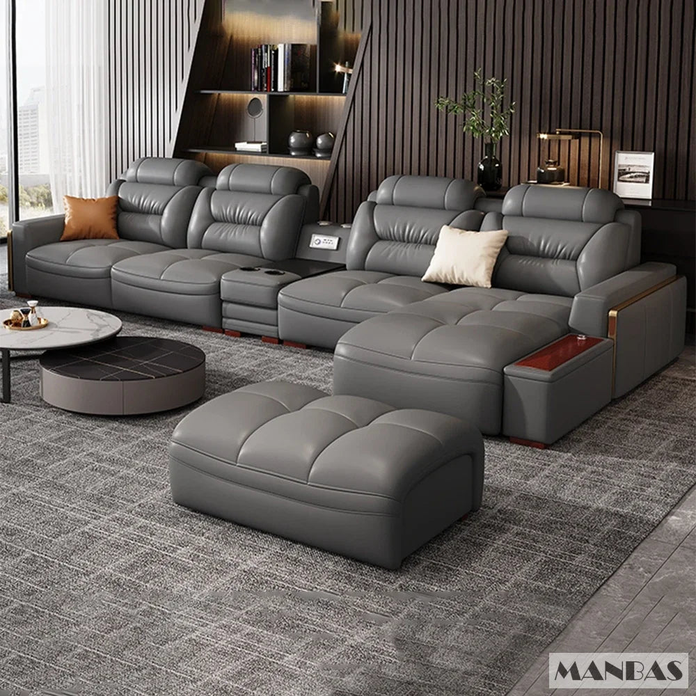 Premium italienische Echtleder-Ecksofas Sofagarnituren mit USB und Bluetooth Lautsprecher – MANBAS Wohnzimmermöbel