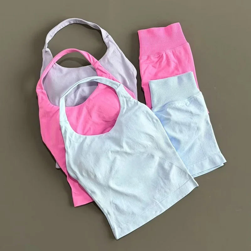 2 Pieces Sports Set Women Backless Halter Tops High Waist Seamless Hight Stretch Shorts Gym Suit Sportswear Workout Sets