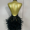 Women Luxury Rhinestones Pearls Feathers Halter Backless Short Dress Women Sexy Celebrate Birthday Dress Nightclub Stage Costume