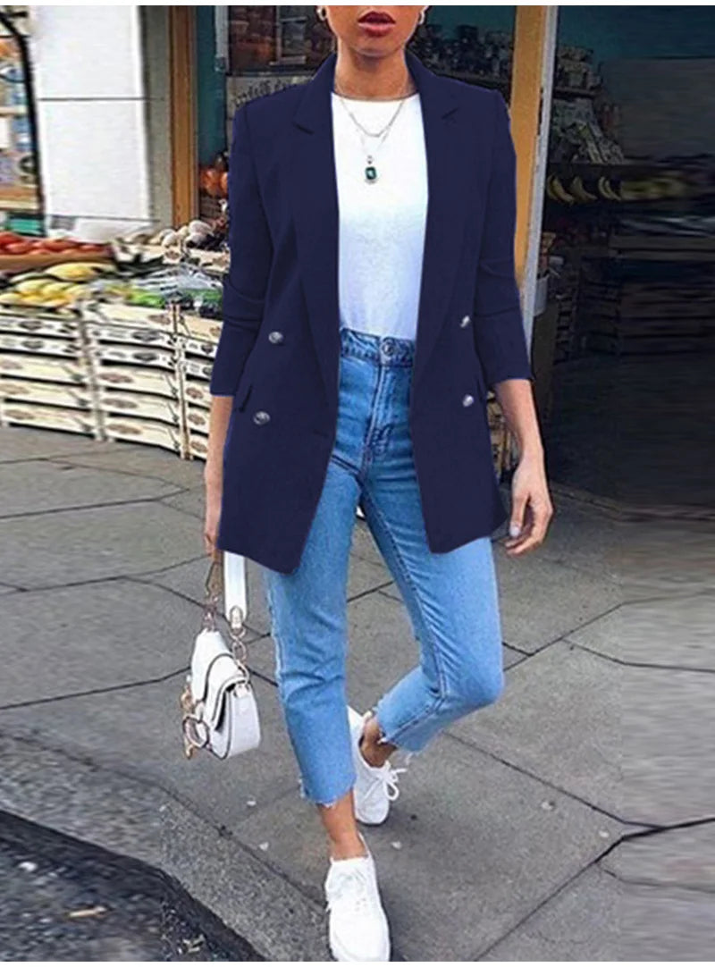 Women Fashion Solid Casual Suit Office Wear Vintage Long Sleeves Coat Spring Autumn Lady Jackets Blazers Jacket Lapel Outerwears