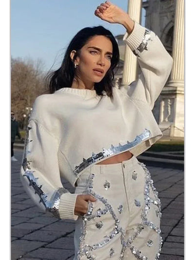 Damen Herbst Pailletten Strickpullover Lässiges Cropped Top Rundhals Langarm Pullover Strick Hoodies Modische Schicke Oberbekleidung