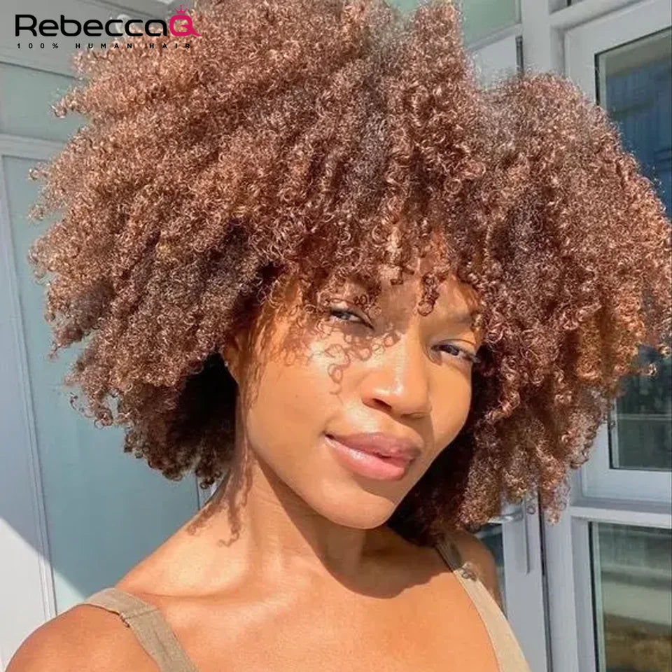 250D Braun Afro Kinky Curly Echthaarperücken mit Pony Zum Tragen Glueless Perücke Remy Brasilianische Kurze Lockige Echthaarperücke