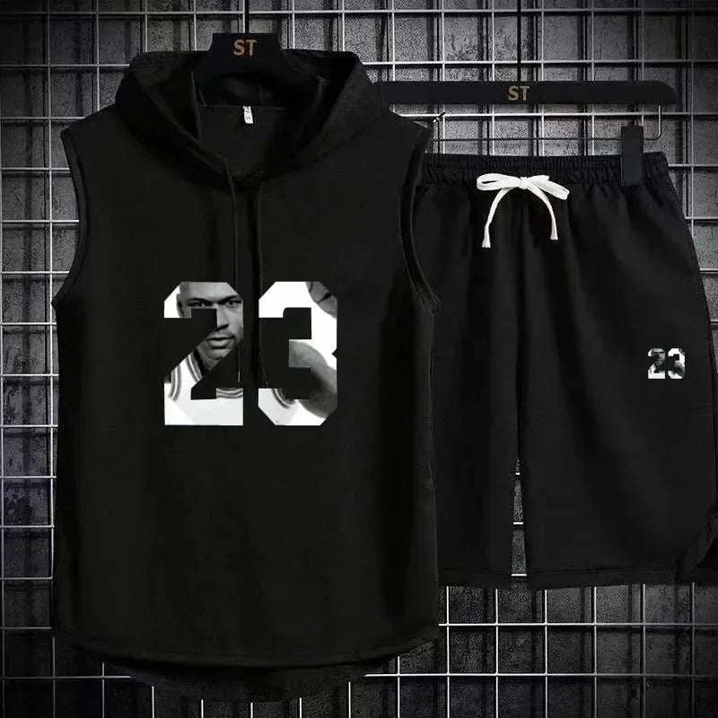 Summer New Men's Sleeveless Hooded T-shirt+shorts pants Sports two-piece set gym  Fashion  Casual Men Women Sports Two Piece Set