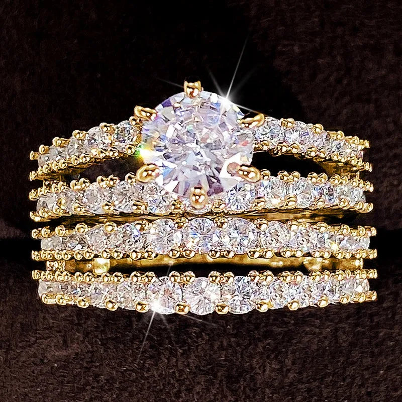 Huitan Sparkling 2Pcs Set Cubic Zirconia Rings for Women Wedding Engagement Fashion Jewelry Luxury Trendy Female Rings Wholesale