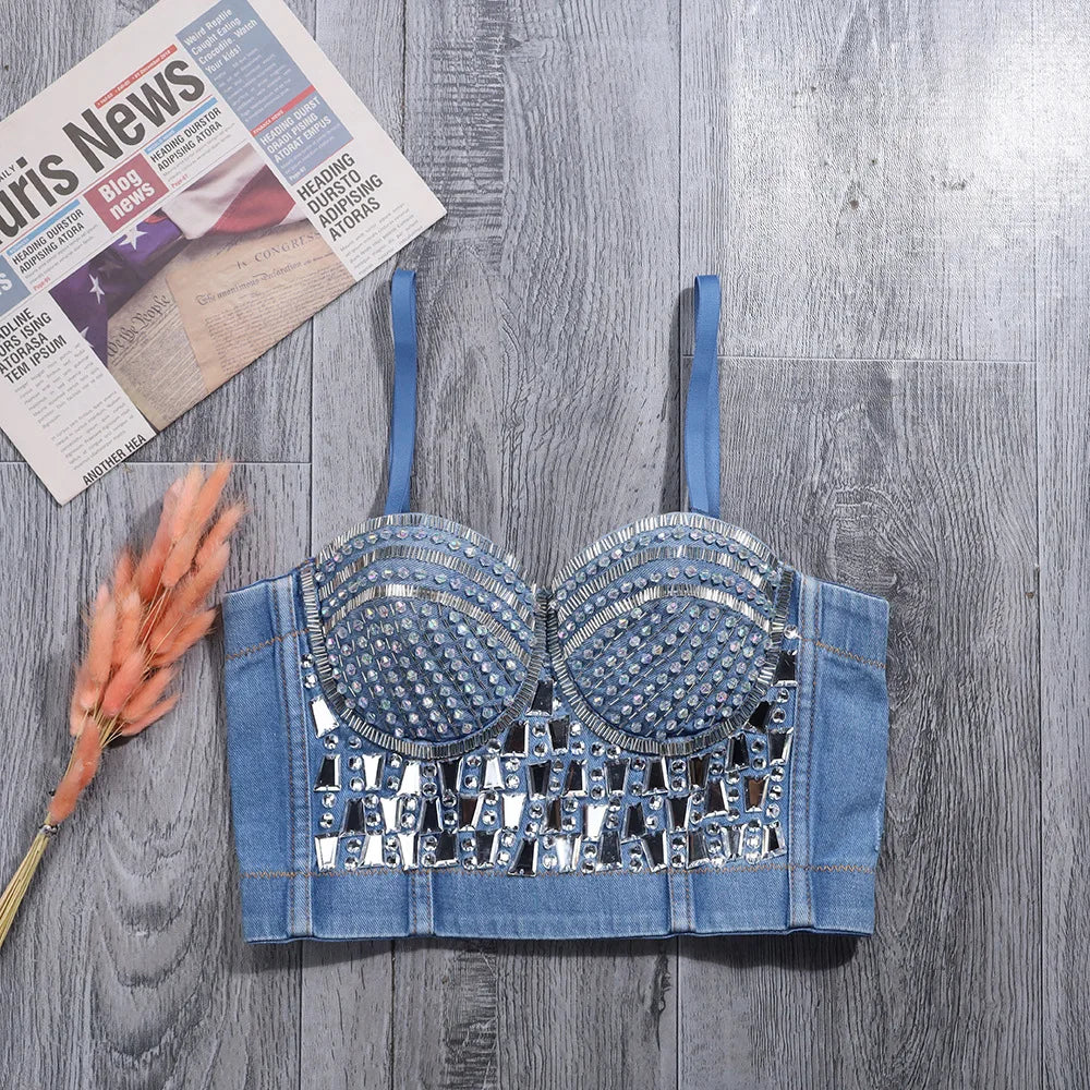 Irene Tinnie Sexy Cute Loch Cartoon Dekoration Push Up Bustier Damen Jeans Bralette Cropped Top Weste Große Größe