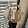 Straw Bag Women Hand-Woven Handbag Moon Shape Lace Bow Rattan Bag Big Capacity Drawstring Casual Beach Shoulder Crossbody Bag
