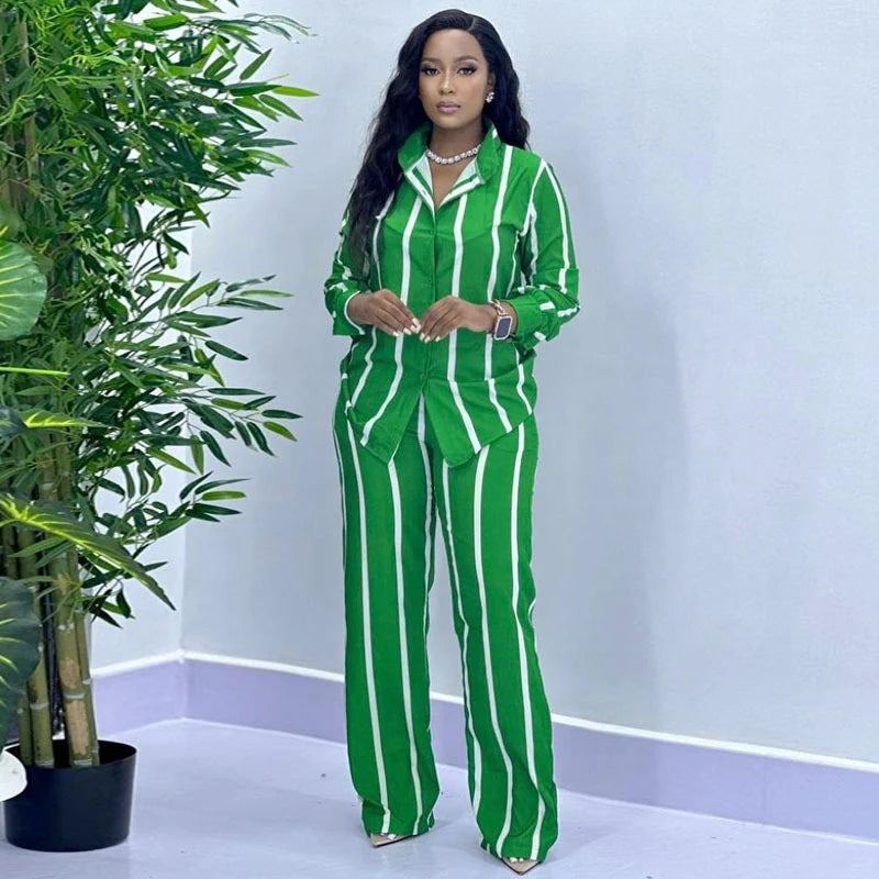 African Fashion Stripe Two Piece Set Women Summer Casual Button Long Sleeved Shirt Wide Leg Pants Two Piece Set Women