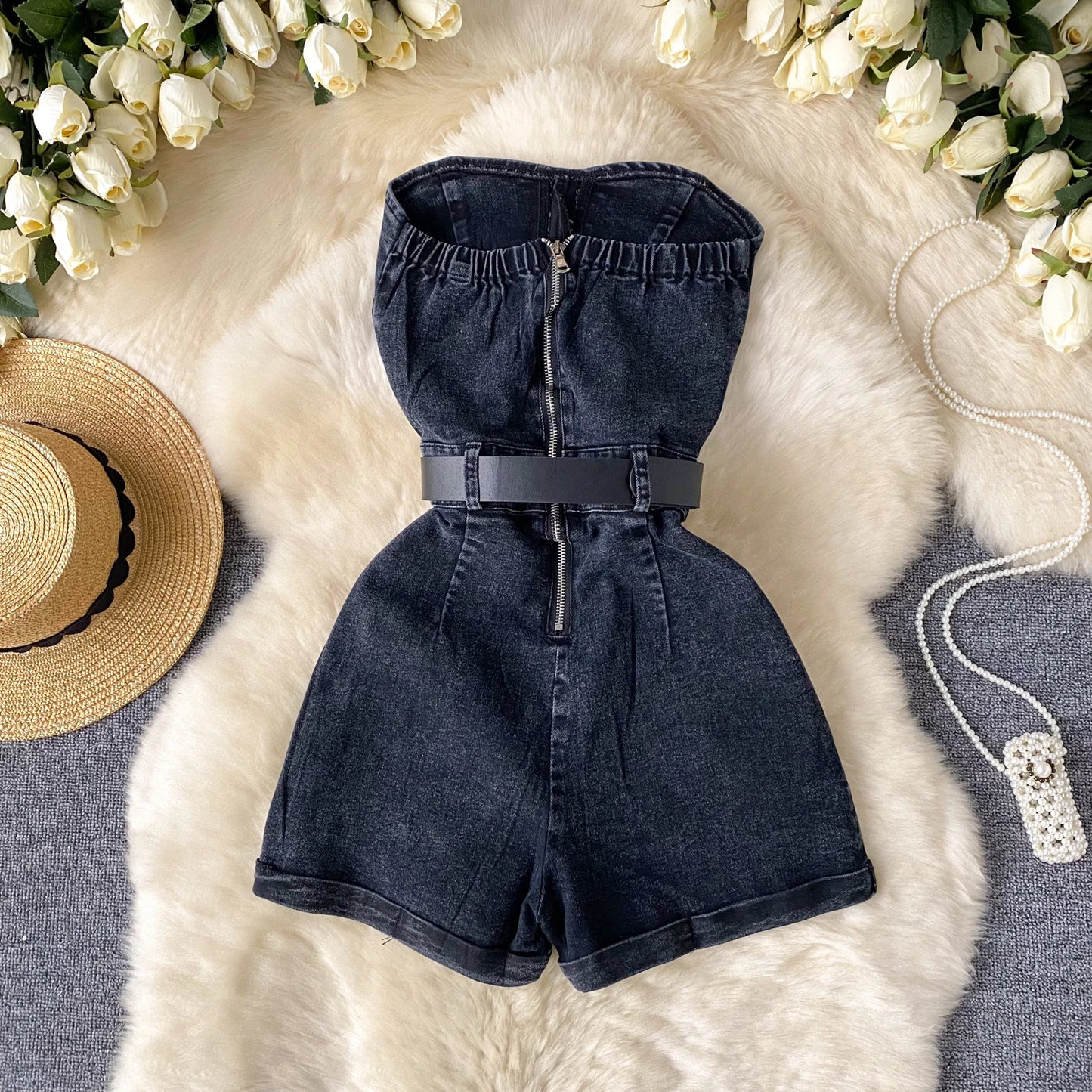 Damen Jeans Jumpsuit Sommer Playsuit Mode Hot Drill Hoher Bund Schmal Ärmellos Trägerlos Gürtel Outfits
