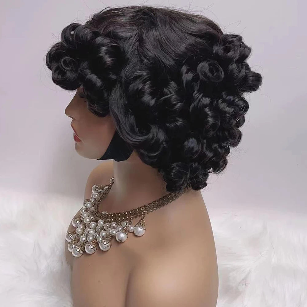 330% Dichte Brasilianische Egg Curl Pixie Cut Perücke Echthaar mit Pony Wasserwelle Kurze Bob Perücke für Frauen Vorgezupft Lokale Lieferung