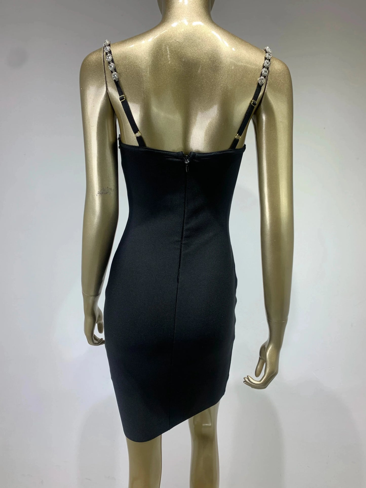2024 Neues schwarzes Bandagenkleid Damen elastisch Kristall Spaghettiträger tiefer V-Ausschnitt Bodycon Mini Celebrity Abend Club Party Kleider