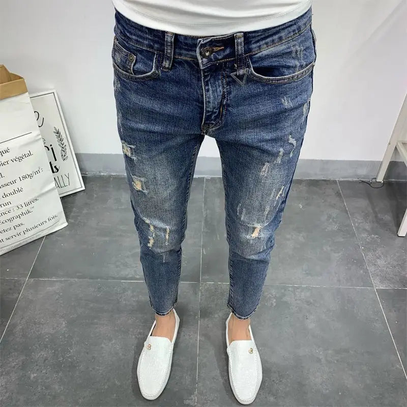 Men's Korean Style Classic Jeans 2023 New Blue Ripped Jeans for Men Fashion Trendy Summer Skinny Ripped Hole Cargo Trousers