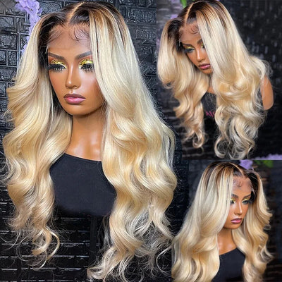 1B 613 Body Wave Human Hair Wig 13x6 Hd Lace Frontal Wig Brazilian 2 Tone Dark Root Ombre Blonde Lace Front Wigs For Black Women