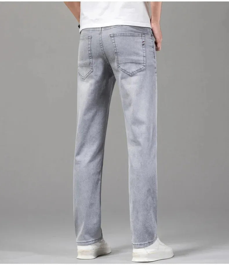 Sommer elastische Herrenjeans Mode Grau Bequeme Business Straight Stretch Baumwolle Casual Denim Hose Marke Männliche Dünne Hosen