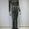 Festival-Outfit Damen High-End-Mode Nude-farbenes Strass-Mesh-Langarm-Crop-Top mit Rundhalsausschnitt und lange Röcke Gala zweiteiliges Set
