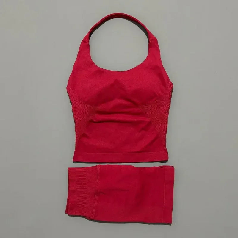 2 Pieces Sports Set Women Backless Halter Tops High Waist Seamless Hight Stretch Shorts Gym Suit Sportswear Workout Sets