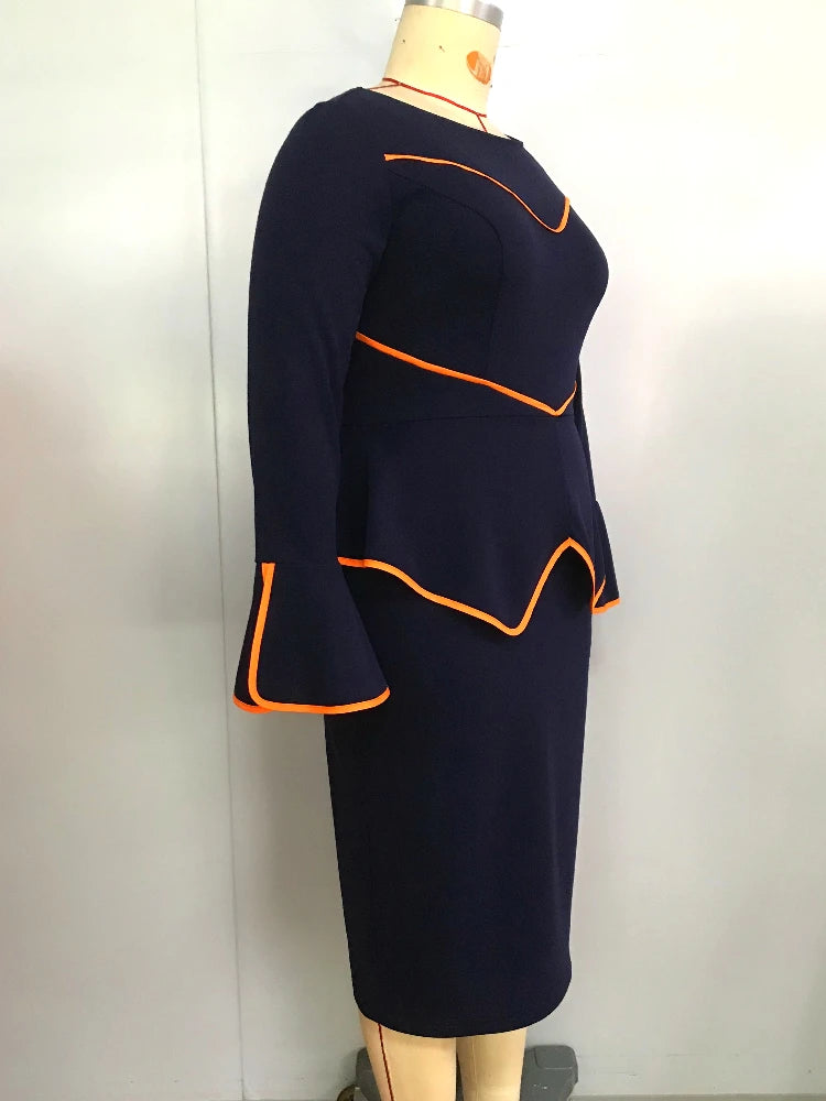 Elegantes Damen-Bürokleid, Rundhals, Rüschenkante, Langarm, Formelles Business, Farbblock, A-Linien-Berufskleidung, Neuer Stil