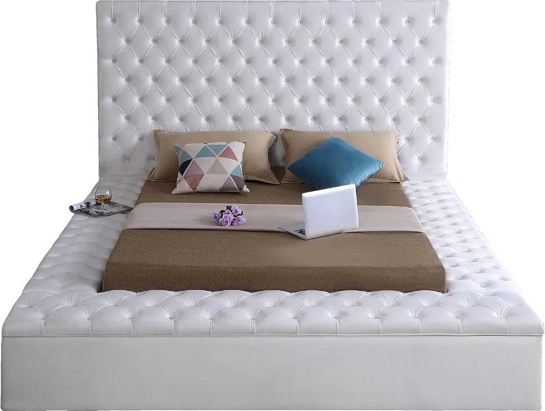 Bliss Collection Modernes Polsterbett aus Samt mit tiefer Knopfheftung und Staufächern, Weiß, Queen
