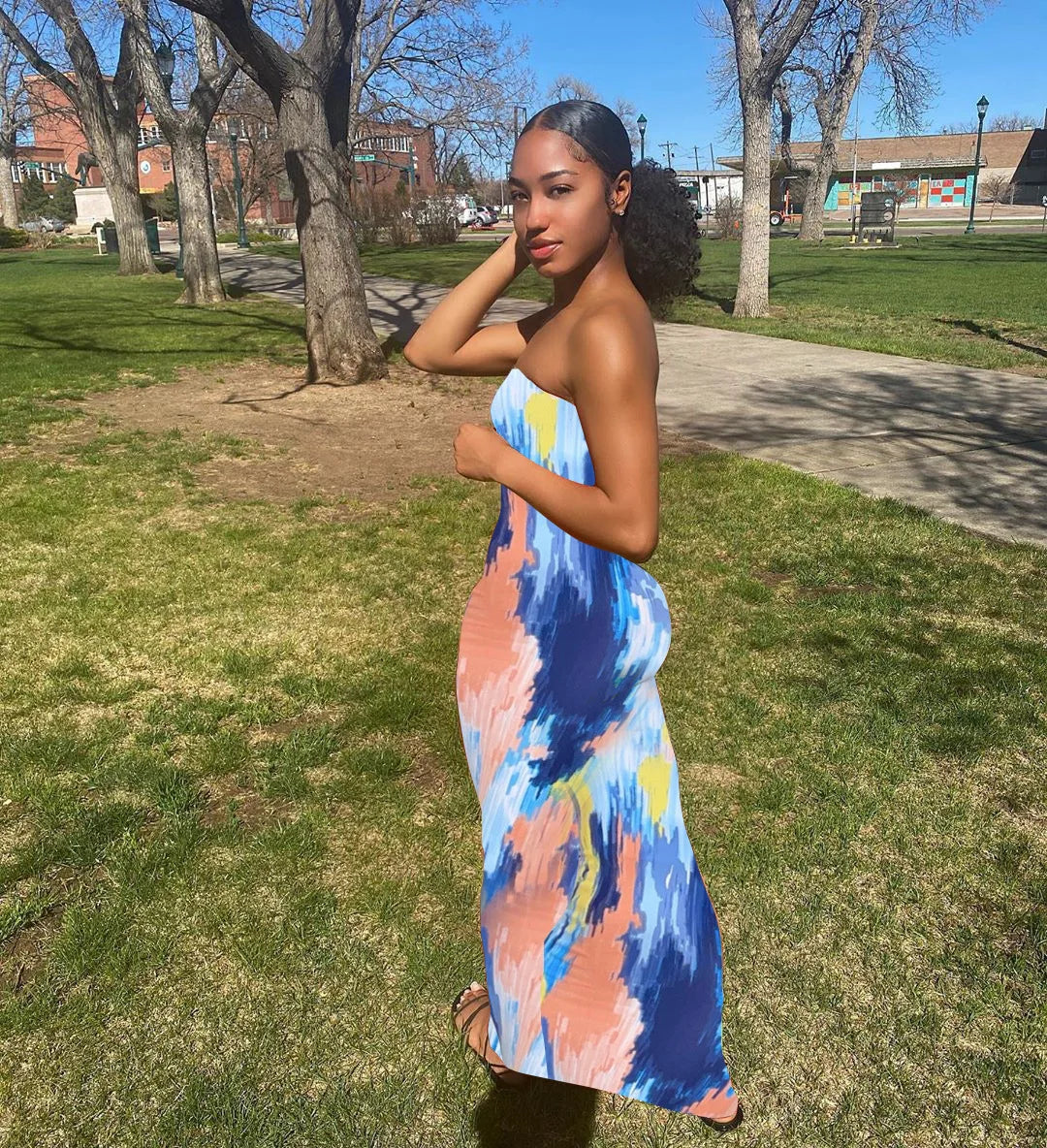 Spring/Summer Women's Colorful Tie Dye Print Off Shoulder Wrapped Chest Dress