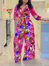 Fashion Printed Shirt Long Sleeve Women's Suit Spring Autumn Fashion Lace Up Tops Slim Elegant Female Straight Pants 2 Piece Set