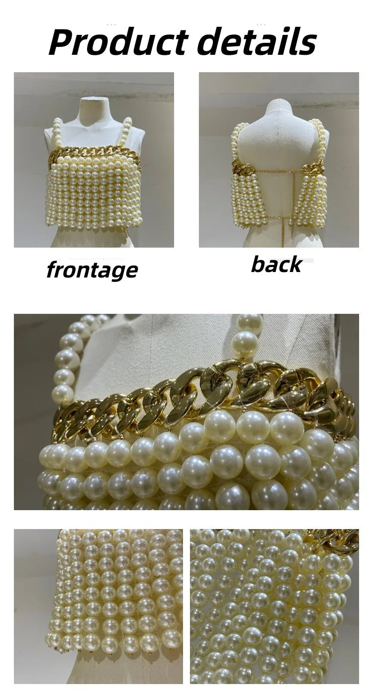 Sexy Lingerie Women Fashion Handmade Beaded Body Jewelry Bikini Large Pearl Suspender Vest Chest Chain Party Catwalk