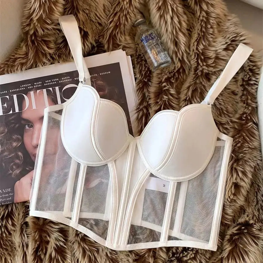 French Ladies Transparent Mesh Corset Sexy Shaper Thin Bra Set Night Club Sweet Cropped Top Girls Hot Bra and Panties Bralette