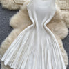 Joskaa 2026 Autumn Retro Striped Knit Dress Women Elegant Pleated Waist Slim Low Cut Sleeveless A-line Slip Dress Streetwear