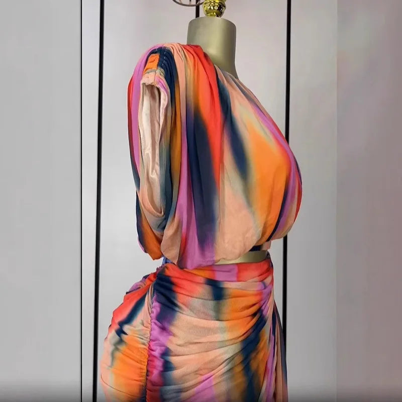 New Fashion Women 2 Piece Sets Tie Dye Printed Women's Set Ruched Short Sleeve Crop Tops and Stacked Mini Skirts Set Outfit