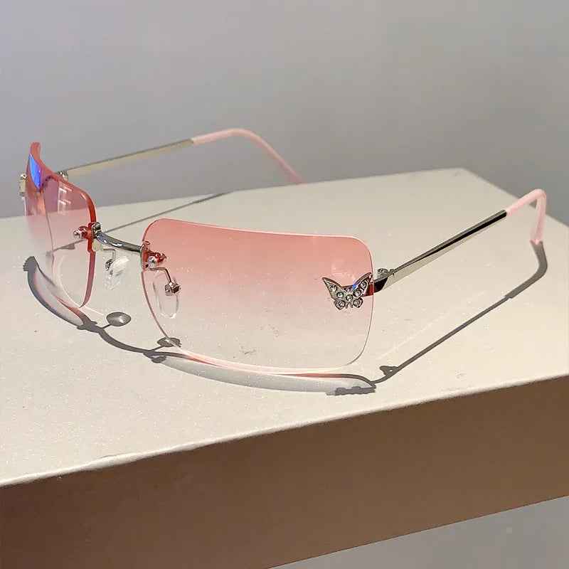 Y2K Luxusmarken Designer Randlose Quadratische Sonnenbrille Damen Für Weibliche Trendige Sonnenbrille Diamant Schmetterling Rosa Punk Shades UV400