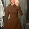 Dulzura Langarm Reißverschluss Bodycon Minikleid mit Taschen Einfarbig Elegantes Outfit Büro Streetwear Damen Herbst Winter Kleidung