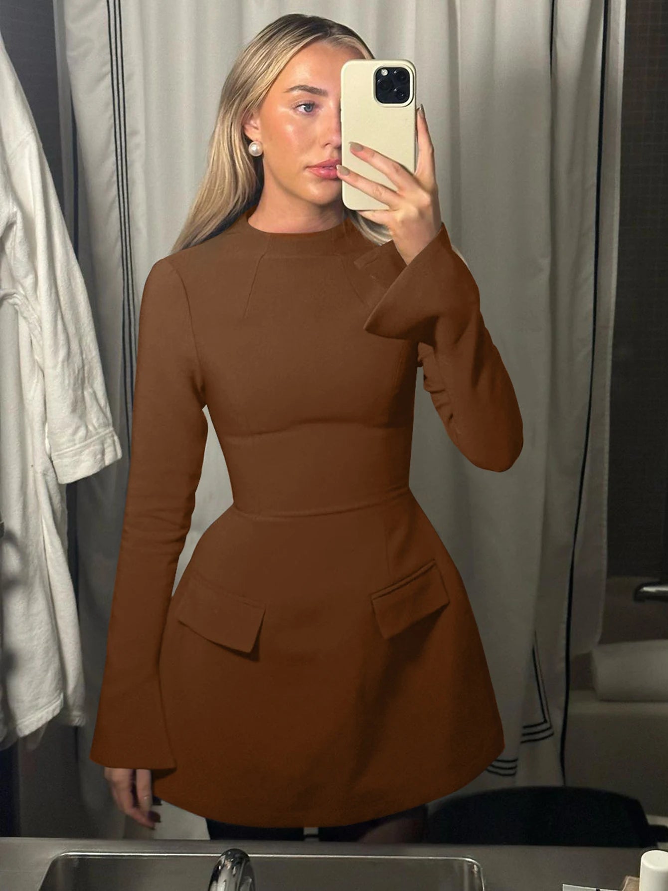 Dulzura Langarm Reißverschluss Bodycon Minikleid mit Taschen Einfarbig Elegantes Outfit Büro Streetwear Damen Herbst Winter Kleidung