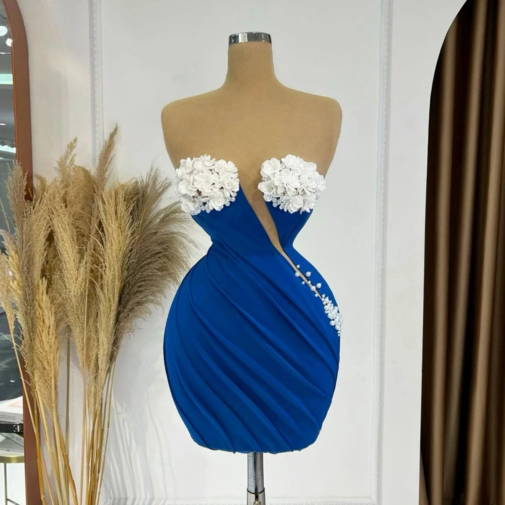 Pretty 3D Flowers Satin Cocktail Dress Sexy Strapless Pearls Mini Prom Party Dresses Custom Made Taffeta Pleated Evening Gowns