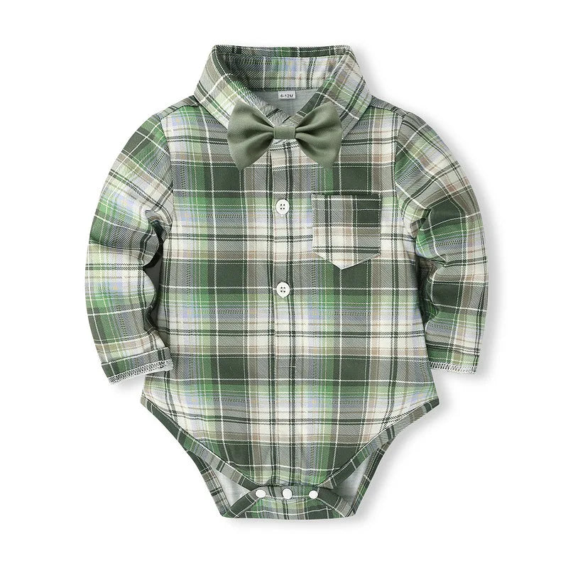 5Piece Spring Boy Clothes Korean Fashion Plaid Long Sleeve Bodysuit+Pants+Tie+Hat+Straps Baby Luxury Clothing Newborn Set BC1683