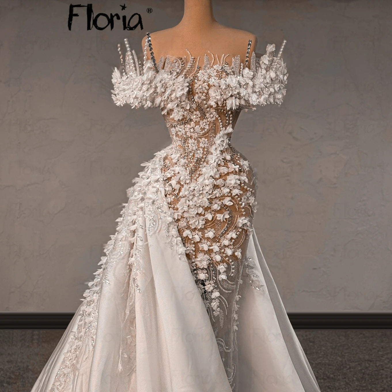 3D-Spitzen-Hochzeitskleider 2025 schulterfrei weiße Brautkleider mit abnehmbarer Schleppe Applikationen Hochzeitskleid individuell anpassbar