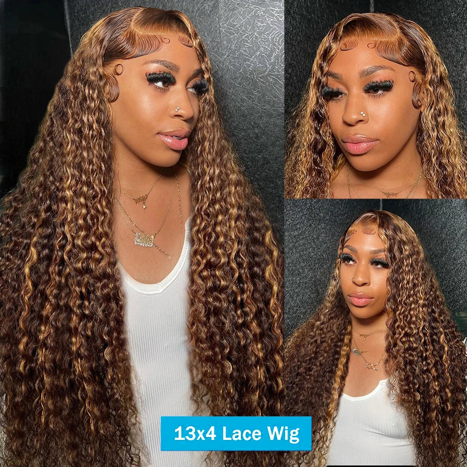 4/27 30 Inch Highlight Honey Brown Curly Lace Front Human Hair Wigs 13x6 Ombre Colored Deep Wave Lace Frontal Wigs Women ﻿